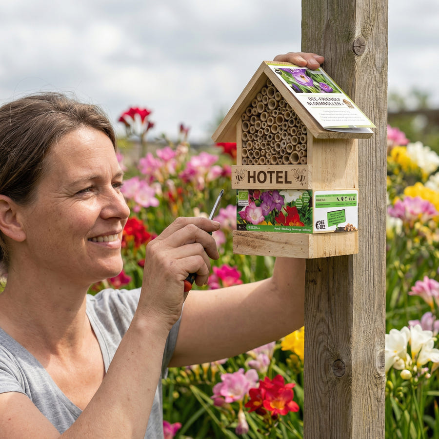 Bienenhotel mit Freesiaknollen