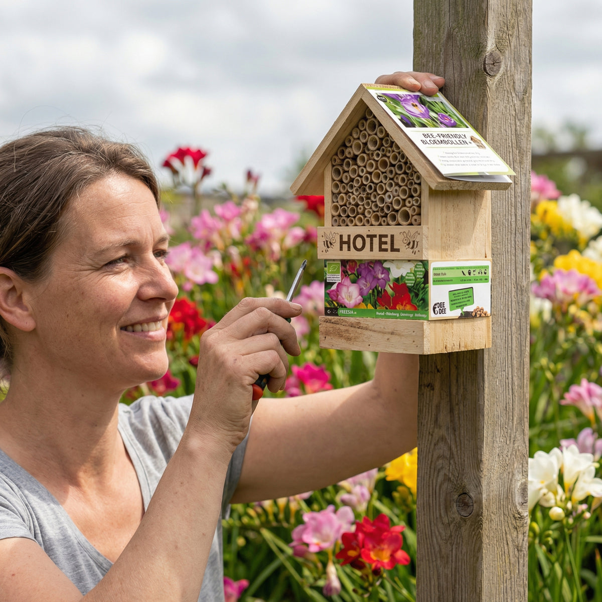 Bienenhotel mit Freesiaknollen