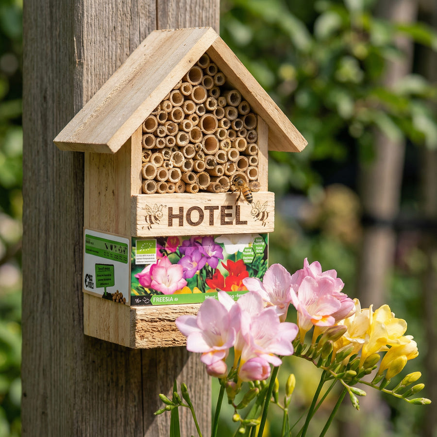 Bienenhotel mit Freesiaknollen