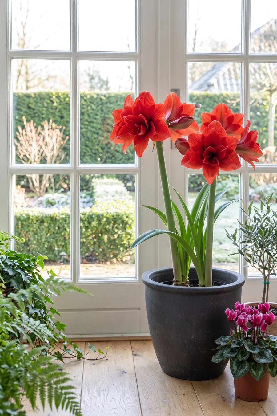 Hippeastrum Cherry Nymph — in pot op terras, extra beeld