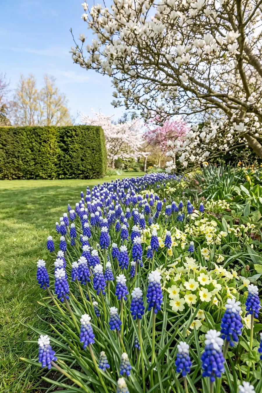 Muscari Touch of Snow — groep in de tuinborder