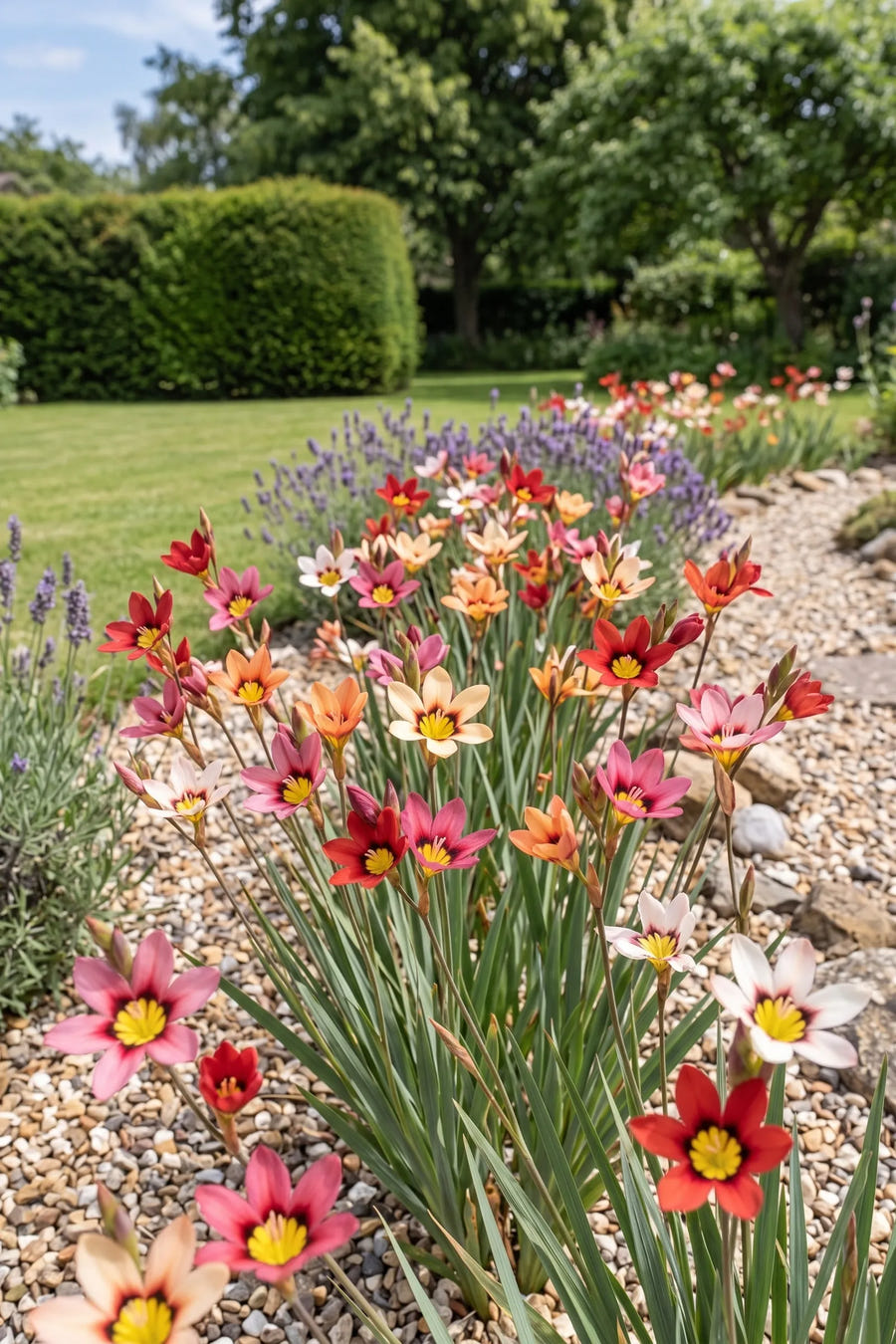 Sparaxis Tricolor Mixed — groep in de tuinborder