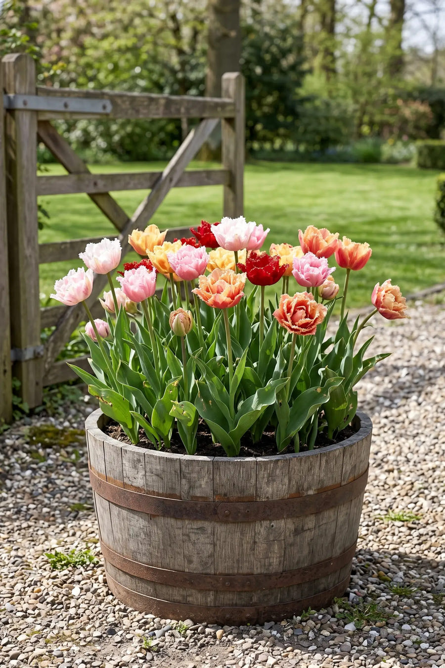 Tulipa Crispa Double Mixed — in pot op terras